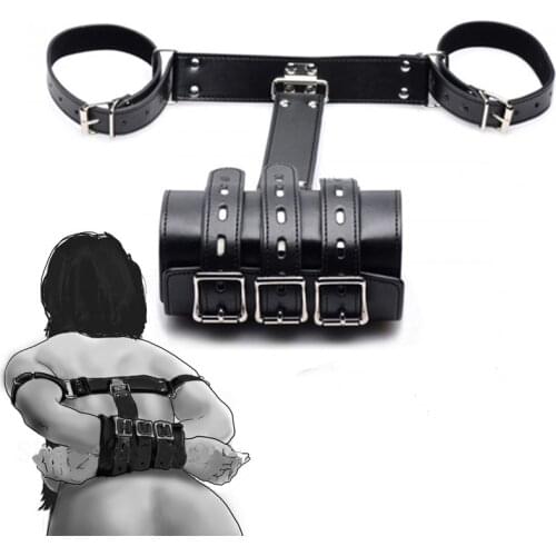 SM Lockable Behind The Back Elbows And Wrists Bondage Cuffs, Arm Binder Leather Harness Strap Slave Handcuffs Sex Toy For Couple
