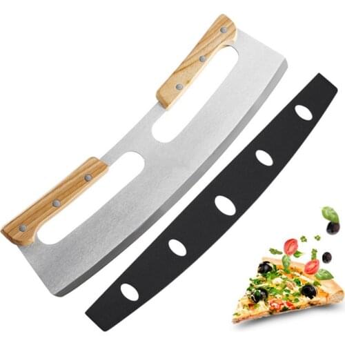 Stainless Steel Pizza Cutter with Wooden Double Handle Creative Dough Slicer Pie Cutter Kitchen Utensil Noodle Knife Baking Tool