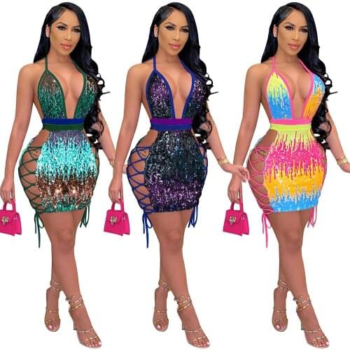Sexy Sequin Spaghetti Strapless Halter Deep Vneck Evening Party Club Mini Dress Women Elegant Backless Outfit Dresses Vestiods