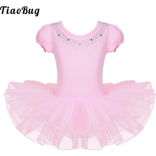 TiaoBug Kids Girls Mesh Short Bubble Sleeves Sparkly Rhinestones Ballet Dance Gymnastics Leotard Tutu Dress
