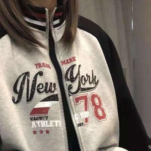 Vintage American New York Print Zipper Turtleneck Oversized Sweatshirt Women Splicing Long Sleeve Sport Baseball Uniform Autumn