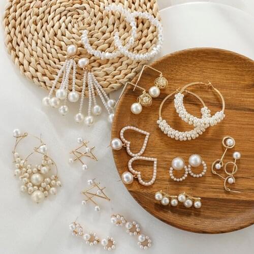 AENSOA 2021 Trendy Pearl Dangle Drop Earrings for Women Unusual Geometric Hoop Big Long Earring Wedding Jewelry Gifts Wholesale