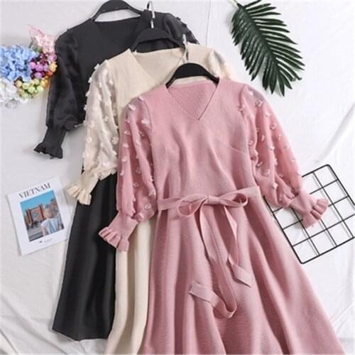 Gowyimmes Spring Autumn Women Sashes Knitted Dress Elegant Lady Lantern Sleeve V-neck Dressess Vestidos Bottomings Mini PD273