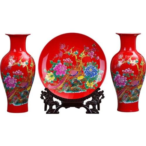3pcs/set Classical Chinese Red Birds and Flowers Ceramic Decoration Vases & Plate Wedding Gifts