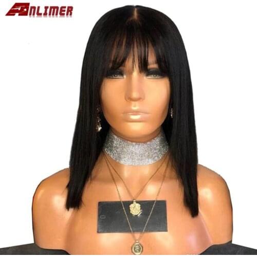 Anlimer 5x5 PU Silk Top Short Bob Lace Front Wig With Bangs 13x4 Bob Brazilian Lace Front Human Hair Wigs with Bangs Fringe Wigs