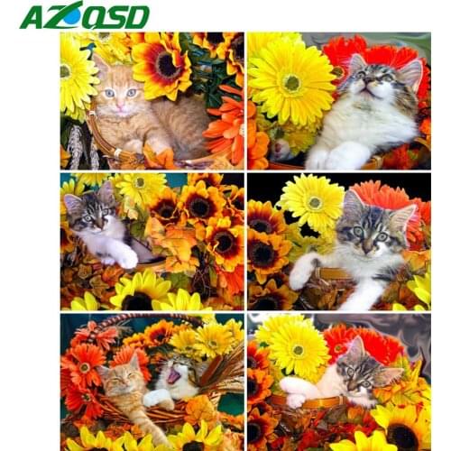 AZQSD 5D Diamond Painting Cat Daisy Cross Stitch Kits Needlework Diamond Embroidery Animal Mosaic Rhinestones Home Decor