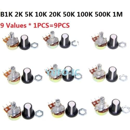 B1K/B2K/B5K/B10K/B20K/B50K/B100K/B500K/B1M (9 Values * 1PCS=9PCS) WTH148 potentiometer kit 15mm 3pin(with cap) Assorted pack set