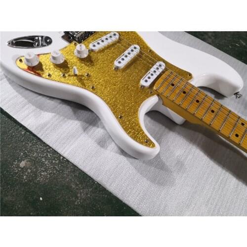 Free shipping custom 6 string white guitar,SSS pickups,spun gold pickguard,chrome buttons,yellow neck