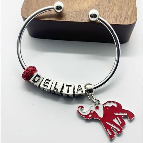 New arrival Greek letter society DELTA sorority bracelet red enamel metal elephant pendant big hole beads wire bangle