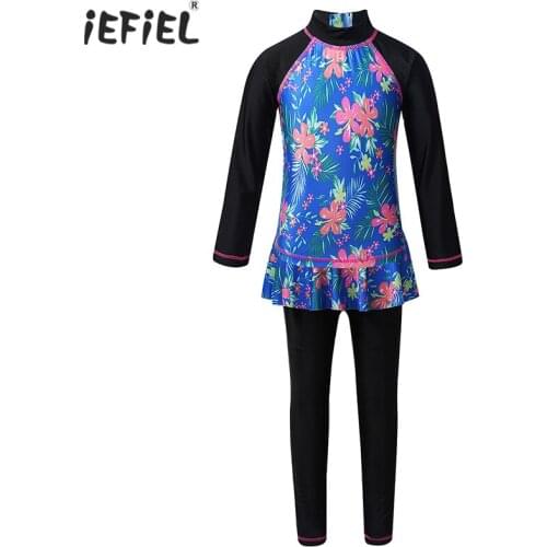 Kids Girls Two Pieces Swimsuit Bathing Suit Floral Printed Long Sleeves Rash Guard Top Pantskirt Set Children Swimwear Wetsuit
