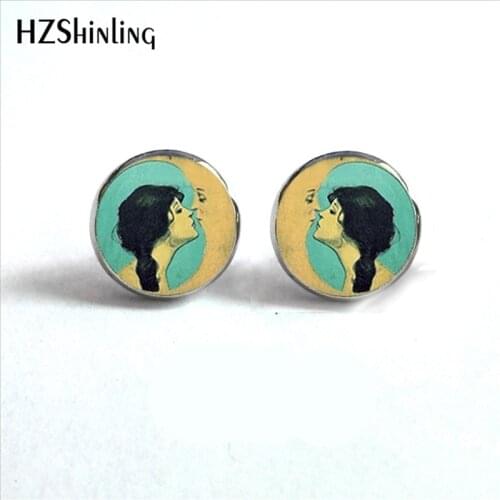 ED-0017 New Trendy Kiss the Moon Stud Earrings Handmade Glass Cabochon Earring Hypoallergenic Steel Studs Earring HZ4