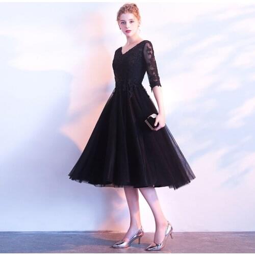 Elegant Tea Length Black Prom Dresses V-Neck Illusion Half Sleeves Short Formal Party Evening Dresses Best Sell Cheap Prom Gown