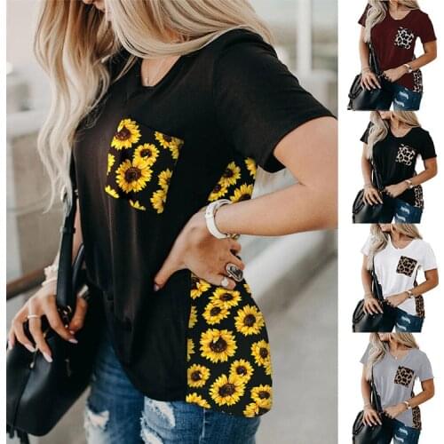 Sunflower Patchwork Women Tshirt Harajuku large size leopard print short-sleeved T-shirt Pockets Streetwear Vintage T-Shirts