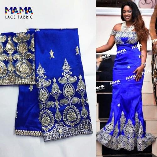 Royal Blue 2021 High Quality African Raw Silk George Wrappers With Net Lace Embroider Nigerian Lace Fabrics for Wedding Dresses
