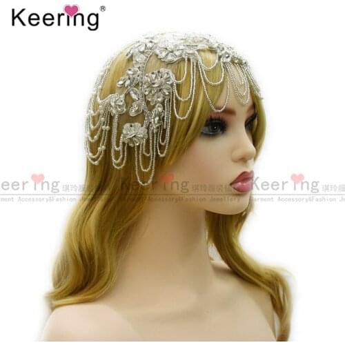 Fashion Silver Flower Rhinestone Beads Patch For Muslim Head Accessories WDP-327