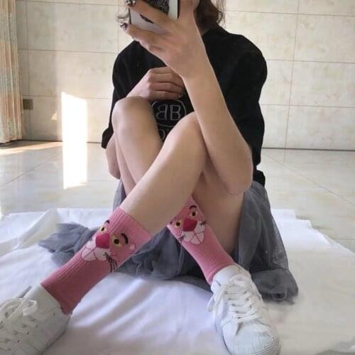 Adult Size Pinkish Creamy Milk Strawberry Pink Crew Socks Outdoor Picnic INS Mix Sweet Street Young Girl Cartoon Leopard Panther
