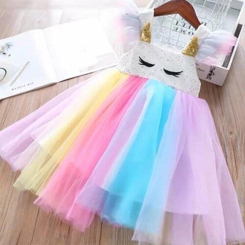 2 3 4 5 6 7 Year Toddler Girls Princess Dress Summer Kids Party Dresses for Girl Rainbow Patchwork Mesh Baby Children Clothing
