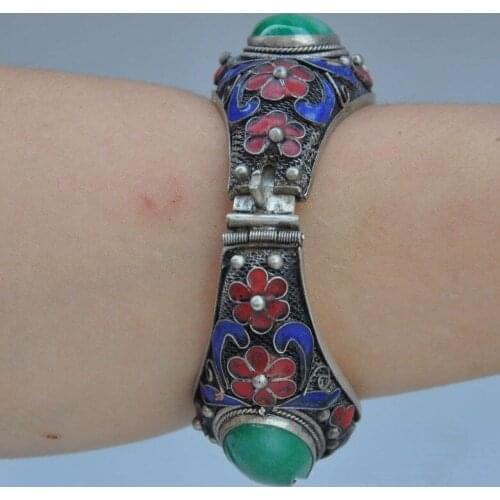 Elaborate Chinese handmade Tibetan Silver cloisonne inlaid with jade bracelet