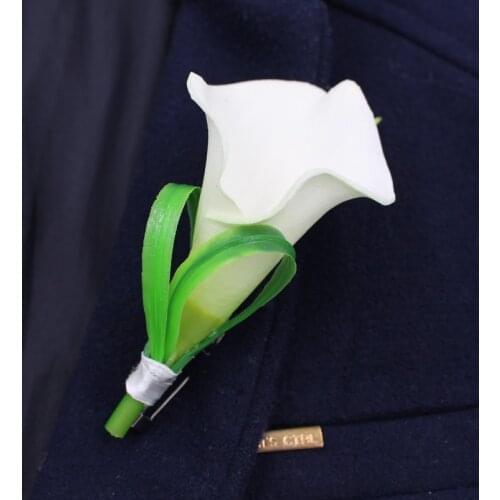 Handmade Groom Groomsman Boutonniere Corsage White PU Calla Lily Flower With Grass Wedding Flowers Party Prom Man Suit Brooches