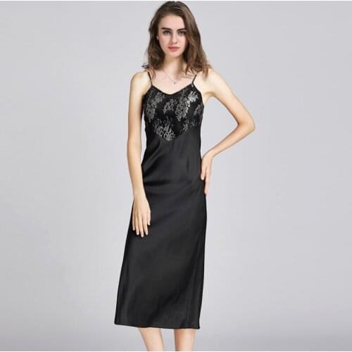 Sexy Lingerie Summer Sleepwear Womens Lace V-Neck Shirt Strap Vintage Satin Slip Black Dress Robe Sets Nightgown Nightdress
