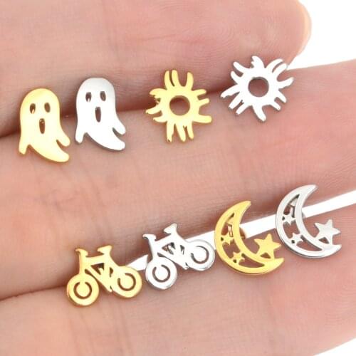 2Pcs Punk Ghost Sun Moon Star Helix Piercing Stud Earring Surgical Steel Barbell 18G Tragus Cartilage Piercing Conch Ear Jewelry