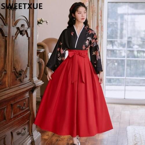 SWEETXUE Summer Long Skirt Suit Girl Womens Clothing Hanfu Gothic V-neck Blouse And High Waist Lace-Up Skirt Two-Piece Sets
