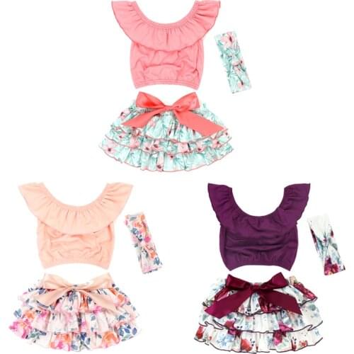 2pcs/set Girls Clothing Sets Sleeveless Solid Color Top Bow-knot Flowers Skirt Shorts Cute Childrens Clothing Gifts For Kids