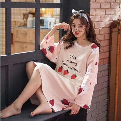 Ms. Spring and Autumn Cotton Cartoon Sweet Nightdress Long Sleeve Cute Loose Outside Wear Home Clothing