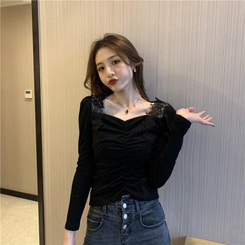 2021 autumn new clavicle cardiographic design sense sexy lace stitching temperament square collar female long-sleeved blouse