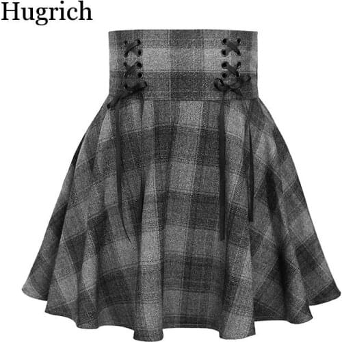 Women Fashion Autumn Plaid Female High Waist Lace Up Mini for Girls A-Line Skirt Winter