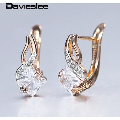 New Women Earrings 585 Rose Gold Stud Earrings Square Paved Clear Cubic Zircon Drop Earrings for Girls Female Jewelry DGE302