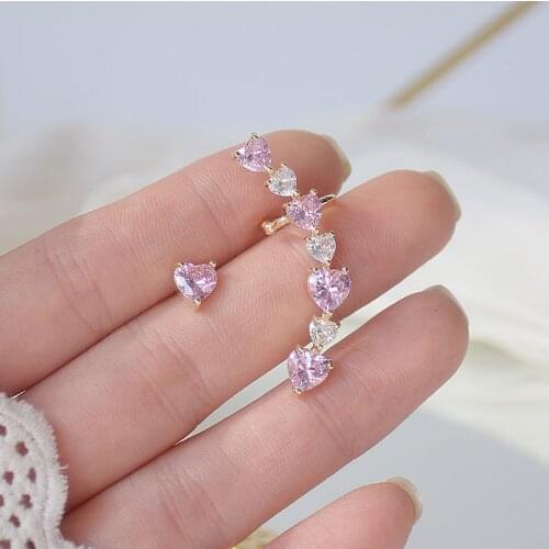 14K Real Plated CZ Cubic Zircon Pink Heart Clip Earrings for Women Delicate Jewelry Crystal Earrings Cuff