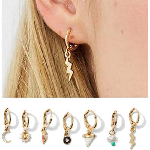 JUST FEEL Vintage Gold Tiny Hoop Earrings For Women Geometric Crystal Moon Lightning Eyes Cartilage Earrings Charm Jewelry Gifts