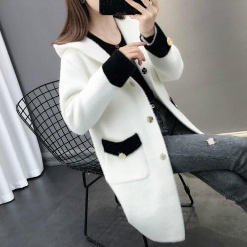 Women New 2020 Autumn Winter Oversized Hooded Faux Mink Cashmere Sweater Cardigan Coat Female Thicken Warm Casual Outwear G550