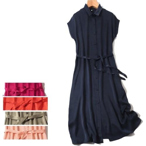 Women Summer Silk Dress Vintage multi-color Natural silk dresses Elegant Dress Casual holiday real silk long shirt dress