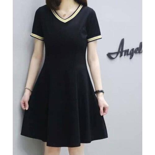 2021 Summer Midi Dresses Women V-Neck T-shirtdress Casual Fashion Stripe Black Dress Student Short Sleeve Clothing Vestidos