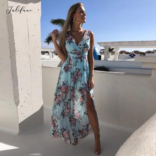 Women Deep V-neck Floral Print Dress 2021 Summer Chiffon Beach Dress Sexy Sleeveless Split Party Holiday Long Dresses Vestidos