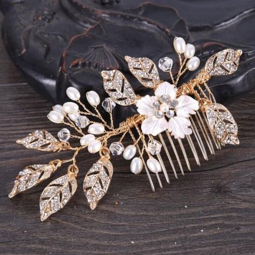 Golden Wired Rhinestones Shinning Crystal Leaves Pearl Wedding Hair Comb Bridal Hair comb Hair accessories Bridesmaids BN