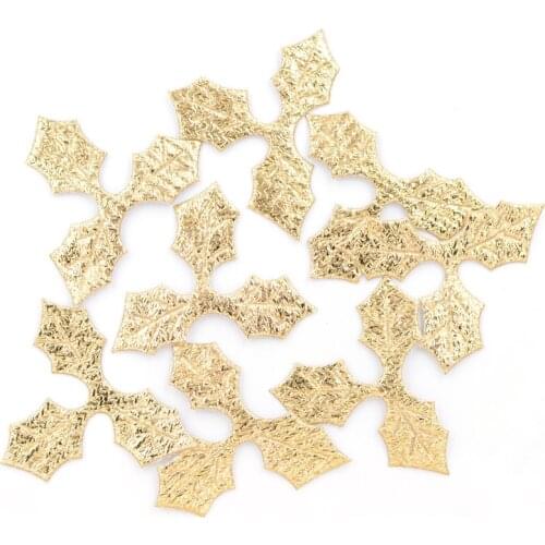 100Pcs Gold and Silver Cloth Applique Gold Holly Leaves Patches for DIY Sewing Christmas Decoration K74