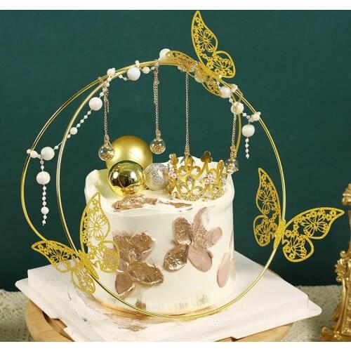 1 set Elegant Happy Birthday Iron Art Cake Topper Pearl Butterfly Design Birthday Party Wedding Baking Cake Decor Supplies