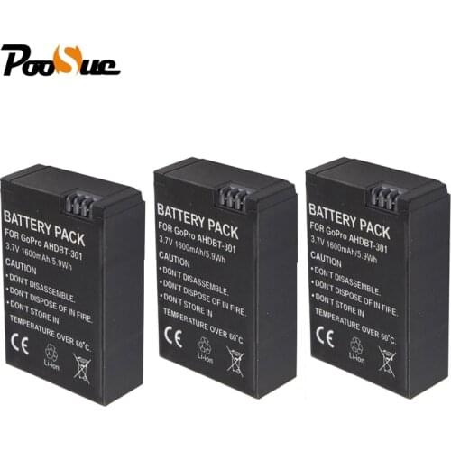 3Pcs AHDBT 301 AHDBT-301 AHDBT301 battery Li-ion 1600mAh Bateria for Gopro Hero 3/3+ GoPro HERO3 3+ Action camera accessories