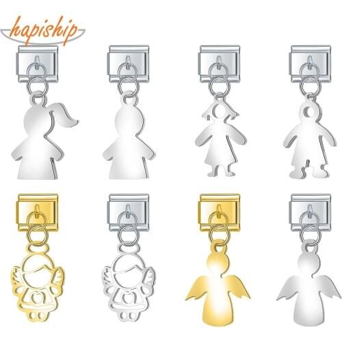 Hapiship 2021 Original Daisy Fashion Angle Girl Boy Charm Link Fit 9mm Bracelet Stainless Steel Jewelry Making Wholesale DJ363