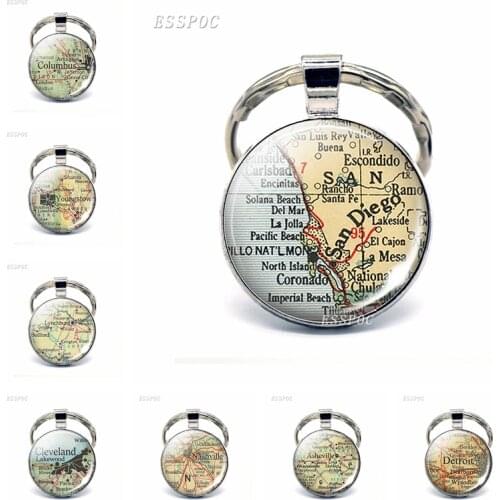 American Cities Map Glass Pendant Keychain Seattle San Diego Miami Oakland Fashion Souvenir Keyring Jewelry Gifts For Traveler