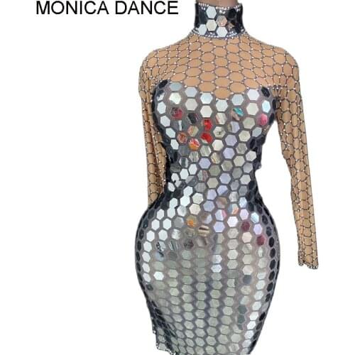 Women sexy Stage Flashing Rhinestones Mirror Dress Birthday Celebrate Dress Nightclub Stage Costume Party Dancer Bodycon Dress