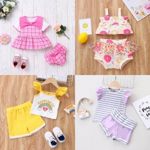 Summer Baby Girl Clothing Set 2 Pcs Sets Sunflower Print Short Sleeve T-shirts+ Striped Briefs Casual Soft Home Baby Sets 0-18M
