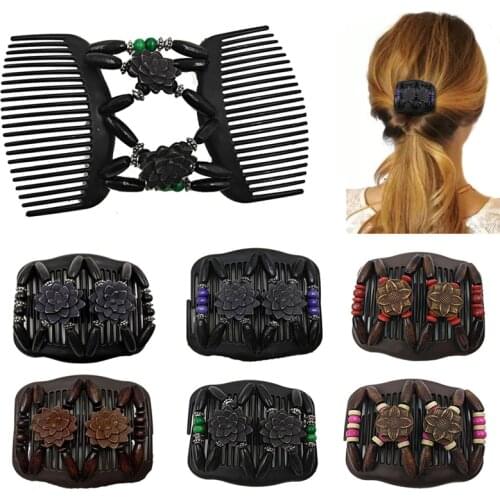 Fashion Professional Wooden HairComb Ladies Magic Beads Elasticity Double Clip Bead string Clamp Stretchy Hair Combs Accessories