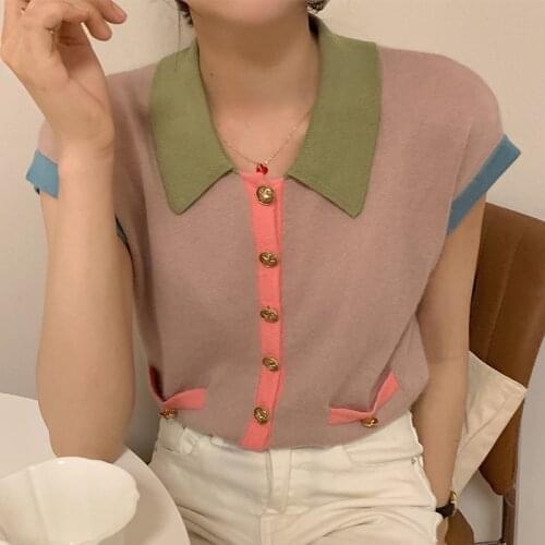 Korean Chic Spring Western Style Age Reduction Lapel Hit Color Chic Single-breasted Loose Short-sleeved Knit Cardigan Top Women