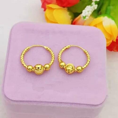 Fashion Pure Gold color Small hoop earrings for women,24k Gold Filled 16mm circle with ball Earrings Women Jewelry