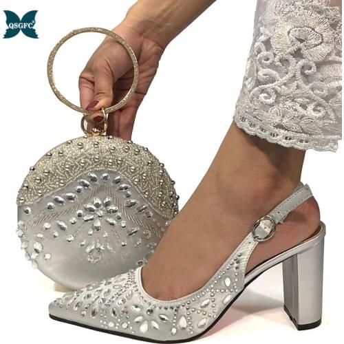 Fashion Italian design Rhinestone Silver Shoes And Bag Set Newest African Women High Heels Pumps Matching Purse For Wedding