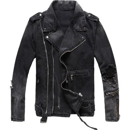 VIANKANI Mens Zippers Black Denim Jean Biker Jacket For Motorcycle Vintage Epaulet Holes Ripped Distressed Coat M-4XL курткаA